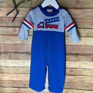Vintage Healthtex Blue Striped Fire Truck Romper Outfit Baby Boy Size 18 Months